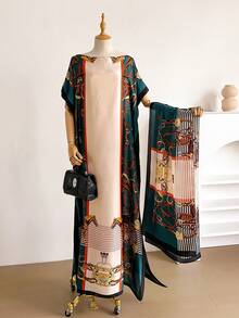 1 Set Faux Silk Minimalist Premium Horse Pattern Print Long Robe Set For Women, Beach Cover-Up Sun Protection Pullover Shawl With Satin Scarf, Perfect For Layering And Daily Wear - Multicolor - View 4