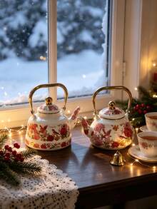 Elegant Rose & Bird Print Enamel Tea Kettle, Golden Handle, Food , Stovetop Compatible, Drip-Free Spout, Perfect For Ramadan, Eid, Guest Serving & Home Table Decor, Multiple Capacities - Peony Bird Pear-shaped Teapot - View 6