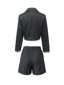 1pc Women's Solid Color Short Double-Breasted Lace Patchwork Blazer & Pleated Shorts 2 Pieces Set, Eyelash Lace Cuffs And Hems - Black - View 7