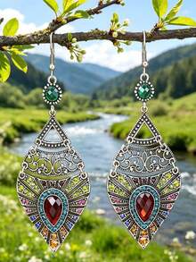 1 Pair Colorful Exaggerated Luxury Vintage Autumn/Winter Full Rhinestone Women's Long Water Drop Earrings - Palace Style - View 1