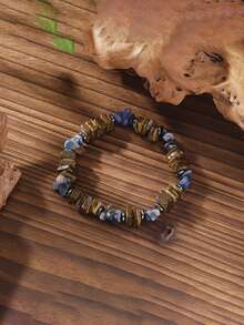 1Pc Rough Wood Chip Natural Stone Beaded Bracelet Vintage Elastic Stretch Wristband Men Bohemian Daily Wear Jewelry Gift - Irregular Beaded Bracelet - View 7