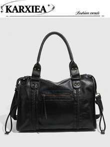 New Women Handbag, Washed Leather Tote Bag, Large Capacity Wallet, Retro Shoulder Bag, Travel Bag, Eye-Catching Work Bag, New Fashion Large Bag, New Women Tote Bag - Black - View 2