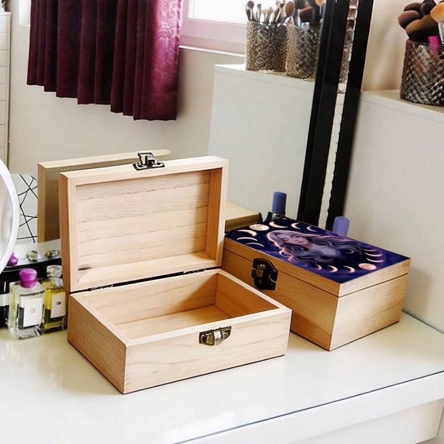 1pc Handmade Wooden Storage Box, Mysterious Moon Phase And Charming Female Illustration Gift Storage Box, Jewelry Organizer Box, Bedroom Decor Keepsake Box, Vanity Organizer, Spiritual Altar Display, Bohemian And Witch Style Home Decor - Multicolor - View 1