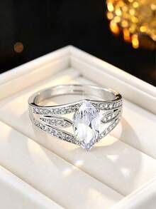 1pc Women's Banquet Sparkling Marquise Main Stone Ring, Feather Hollow Zirconia Inlaid Design, Niche High-End Hand Accessory - Ring - View 4