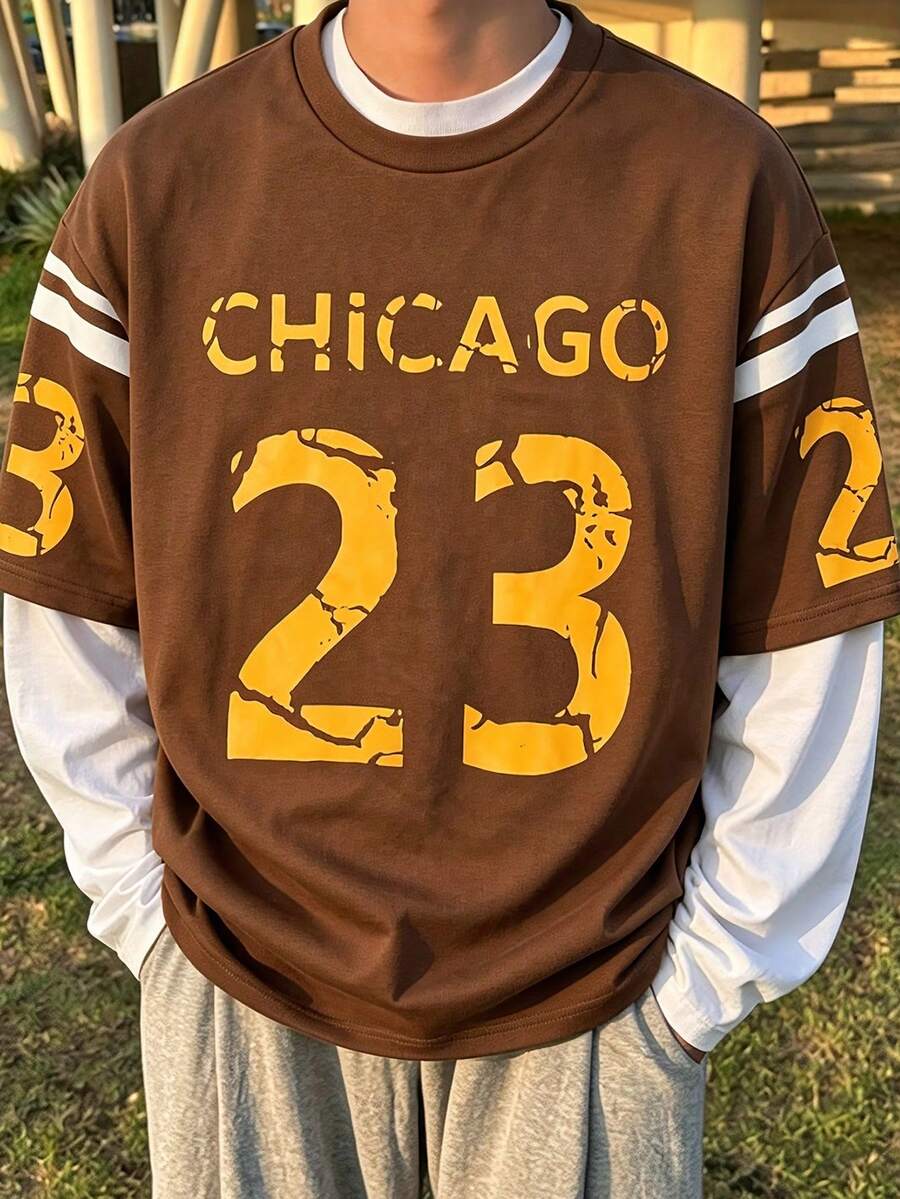Lurzo Teen Boy Y2K Street 2-In-1 Long Sleeved T-Shirt, Oversized 23 Digit Printed Brown T-Shirt, Hip-Hop Casual Top, Casual Back To School Sportswear - Brown - View 1