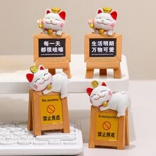 Lucky Cat Mini Figurine With Message Board, Cute Desktop Decor Statue, Office Workspace Stress Relief Ornament, Desk Cabinet Decoration, Creative Gift - Multi-color - View 4