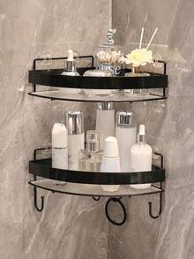 Bathroom Corner Shelf, Double-Layer Wall Corner Storage Rack With Hooks, Bathroom Supplies Storage Rack, Hole-Free Bathroom Toilet Shower Corner Rack, Bathroom Shelf, No-Drill Adhesive Wall Rack - Multicolor - View 1