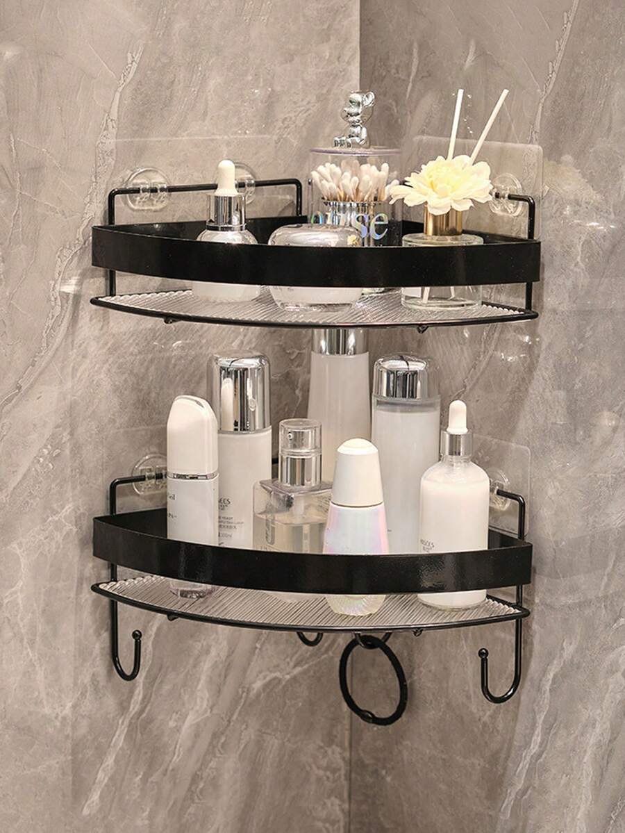 Bathroom Corner Shelf, Double-Layer Wall Corner Storage Rack With Hooks, Bathroom Supplies Storage Rack, Hole-Free Bathroom Toilet Shower Corner Rack, Bathroom Shelf, No-Drill Adhesive Wall Rack - Multicolor - View 1