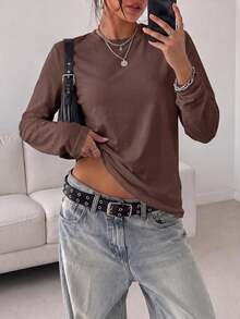 1Pc Women Solid Crew Neck Fitted Long Sleeve Tee,Soft Stretchy Minimal Basic Top For Casual Daily Outfit - Brown - View 1