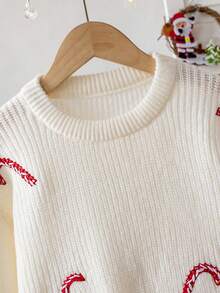 Girls Cute Embroidered Candy Cane Pattern Crew Neck Short Knit Pullover Sweater Long Sleeve Suitable For Christmas Daily Casual Spring Autumn Winter - Apricot - View 3