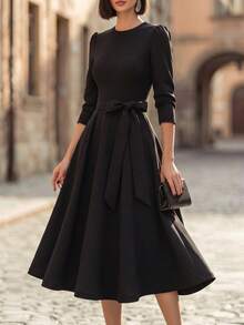 Women's Elegant Bowknot Dress, Autumn, Office & Vacation Style - Black - View 4