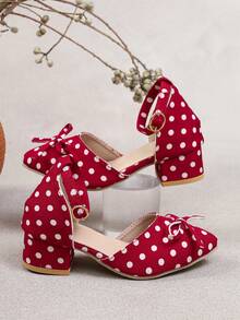 A Pair Of Kids' Polka-Dot Block-Heel Pumps, Cute Polka-Dot Flats, Pointed-Toe Bow Ankle Strap Low-Heel Shoes, Suitable For Parties And Daily Outfits - Red - View 3
