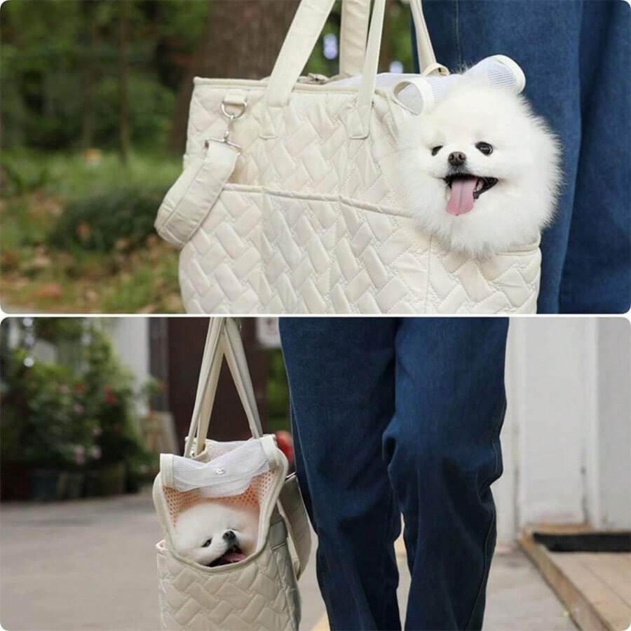 1pc High-End Fashion Breathable Pet Carrier, Crossbody Dog & Cat Backpack, Portable Cat Backpack Bicycle Trailer, Detachable Shoulder Strap, Portable, Suitable For Cats, Small Dogs, Rabbits And Other Small Pets Weighing 7–15 Lbs, Breathable Mesh Lining, Multi-Purpose Pockets, Portable Travel & Picnic Bag, Polyester Fiber Travel Bag, With Zipper Closure, Suitable For Luggage, Suitable For Car And Outdoor Use, Cat Carrier Cat Backpack - White - View 1