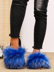 1 Pair Women's Contrast Color Long Plush One-Strap Indoor Comfortable Soft Sole Fuzzy Slippers - Blue - View 6