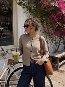 Women's Cropped Cardigan Contrast Button Crew Neck Long Sleeve Soft Knit Effortless Chic Minimalist Capsule Wardrobe Fall Winter - Khaki - View 1
