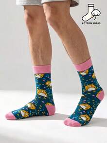 1 Pair Cute Cat Pattern Socks, Green Base With Colorful Heart And Floral Design, Casual Mid-Calf Socks, Unisex - Multicolor - View 3
