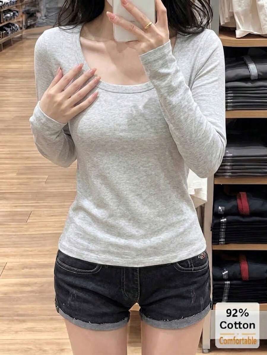 女款秋季純棉長袖T恤,百搭淺灰色花卉圖案,深U領,修身純色內搭打底上衣 - 花灰色 - 查看 1