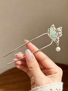 1pc French Style Metal Hollow Butterfly U-Shaped Hair Pin With Green Oil-Drip Textured Pearl Pendant, Bridal Banquet Back-Of-Head Updo Hair Accessory - Multicolor - View 2