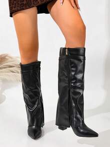 Women's New Autumn Knee-High Slouch Boots, Pointed Toe Chunky Heel With Buckle Strap Decor, Side Zipper Split Fashion Party Long Boots - Black - View 6