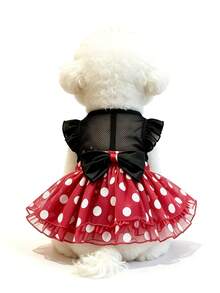 1pc M Size Dog Cat Vintage Dress Red Polka Dot Black Mesh, Ruffle Flutter Sleeve Suspender Strap Satin Bow Tulle Tutu Skirt, Cute Retro For Spring Summer Party Birthday Photo Shoot, Suitable For 3-4kg - Multicolor - View 6