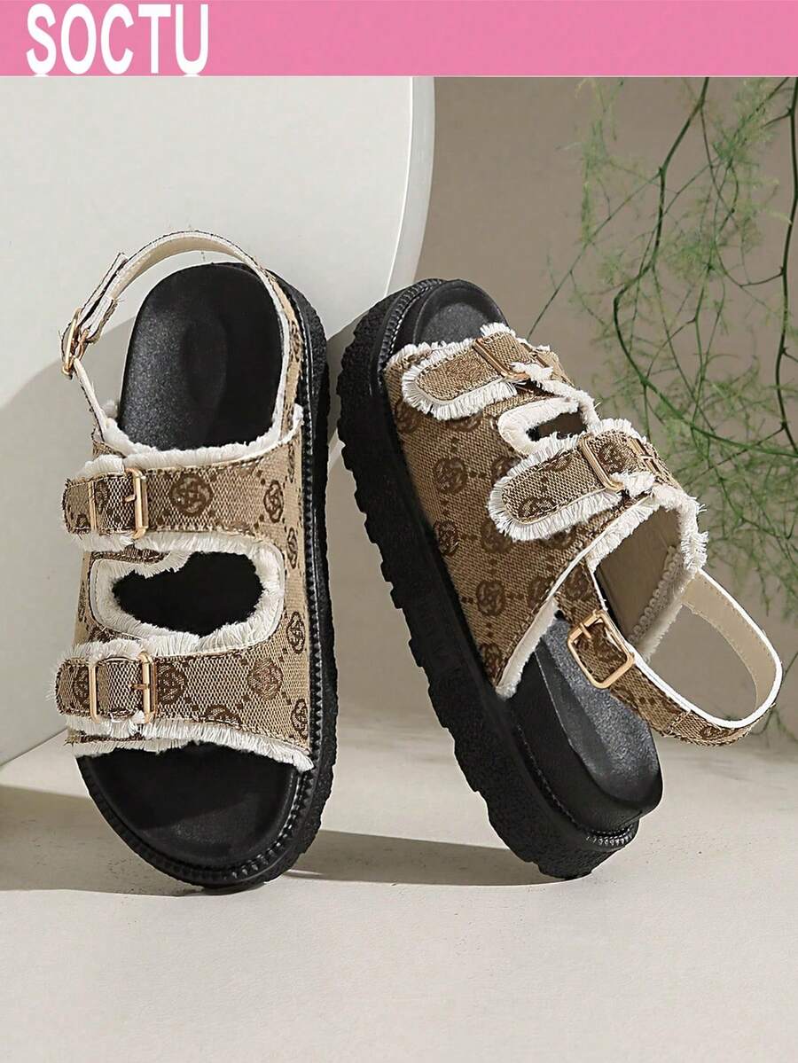 Women's Round Toe Thick Sole Retro Floral Print Platform Slide Sandals
