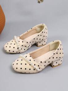 A Pair Of Cute Vintage Low-Heeled Shoes For Girls With Pearl Straps, Polka-Dot Square-Toe High Heels, Suitable For Parties And Daily Outfits - Apricot - View 6