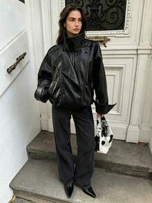 Liorin Autumn/Winter New Women's European And American Style Fashion Minimalist Versatile Lychee Grain Leather Stand Collar Jacket - Black - View 2