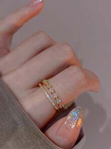 Set 4 Cincin Terbuka Asimetris Emas Elegan Bertabur Berlian Imitasi Gaya Prancis, Cincin Desain Minimalis Mewah Serbaguna untuk Wanita, Cocok untuk Pemakaian Sehari-hari, Liburan, dan Perjalanan. - Set cincin 4 buah - View 6