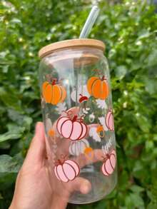 Autumn Atmosphere Glass Straw Cup, Pumpkin & Fallen Leaves Full Print, Bamboo Lid Straw Set, Home & Office Cold Drink Milk Tea Portable Drinking Glass - Multicolor - View 8