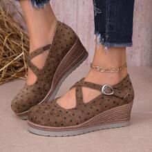 Polka Dot Round Toe Wedge Heel Buckle Strap Height-Increasing Retro Fashion Casual Loafers - Brown - View 6