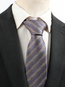 Men's Blue & Brown Diagonal Stripe Tie, 8cm Wide, Luxury Jacquard Woven, Wedding Interview Commute Suit Accessory - Blue-brown Twill - View 5