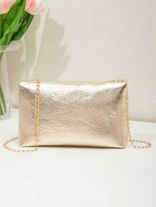 Women's Metallic Gold Chain Crossbody Bag, Shiny Envelope Clutch Purse, Elegant Shoulder Bag For Wedding, Party, Prom, Evening & Date Night - Gold - View 4