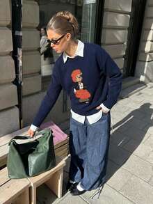 Women's Autumn Cartoon Pattern Crew Neck Drop Shoulder Long Sleeve Casual Sweater - Navy Blue - View 4