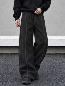 Men's Daily Wide Leg Pants, Geometric Stitch Design, Loose Fit, Autumn/Winter Sports Casual Streetwear - Black - View 5