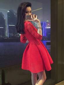 French Elegant 3/4 Sleeve Hollow Out Puff Dress, Fashionable Minimalist Red Dress, Suitable For Women's Party And Gathering - Red - View 9