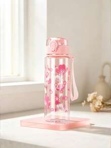 Garrafa De Água Com Padrão De Flor Rosa De 500ml, Copo De Água De Plástico Simples E Transparente, 1 Unidade - Rosa chiclete - Visão 11