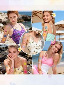10/6/3pcs Temporary Tattoo Stickers, Combining Colorful Glitter Hibiscus And Marine Life, Vibrant And Realistic Colors, Suitable For Men And Women For Vacation, Travel, Gathering, Party, Daily Use, Waterproof And Durable, Random Styles - Multicolor - View 2