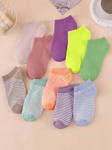 1 Pair/3 Pairs/5 Pairs/10 Pairs Random Style Women's Macaron Striped Casual Socks, Soft And Skin-Friendly, Suitable For Spring And Summer Daily Wear - Multicolor - View 2