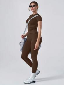 NcmRyu Women's One Set Solid Color Ribbed Seamless Crew Neck Short Sleeve Soft High Waist Ruched Athletic Tight Long Pants Set - Mocha Brown - View 6
