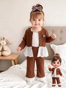 2pcs Baby Girls Casual Retro Ribbed Knit 2 In 1 Cardigan Lace Trim Flared Pants Set, Autumn/Winter - Brown - View 7
