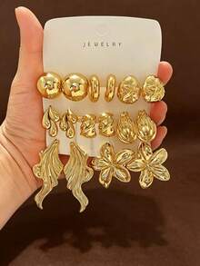 16pcs Women's Fashion Personalized Gold Metallic Earrings Set, CCB Material, Fade-Resistant, Hypoallergenic, Suitable For Daily Wear, Vacation, Birthday Gift - Gold - View 10