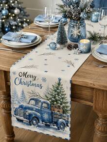 Christmas Table Runner Blue And White Striped Border Watercolor Vintage Blue Truck Snowy Pine Tree Pine Cone Wooden Box Pattern Merry Christmas Lettering Rustic Farmhouse Winter Wonderland Holiday Dining Table Decor Kitchen Party Home Indoor - Multicolor - View 2