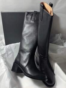 Square Toe Chunky Heel Side Zipper Casual Suede Patchwork Slim Minimalist High Heel Tall Boots For Women - Black - View 6