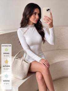 SUNSTORY Women's Autumn White Lace Trim Mock Neck Long Sleeve Ruched Fitted Bodycon Mini Skirt, Suitable For Dating, Party, Daily Outings, Back To School Dance - White - View 7