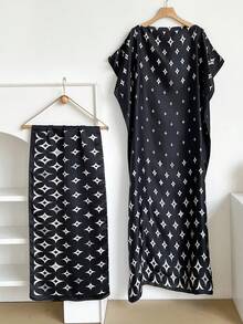1 Set Faux Silk Minimalist Premium Geometric Print Long Robe Set For Women, Beach Cover-Up Sun Protection Pullover Shawl With Satin Scarf, Perfect For Layering And Daily Wear - Multicolor - View 8