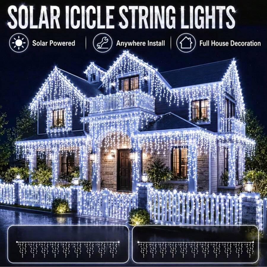 LED Outdoor Solar Icicle Lights, 45/96/150 LEDs, Featuring 8 Flashing Modes. Hanging Decorative Lights To Create Christmas Atmosphere, Suitable For Eaves, Gardens, Patios, Balconies, Parties And Wedding Decorations
