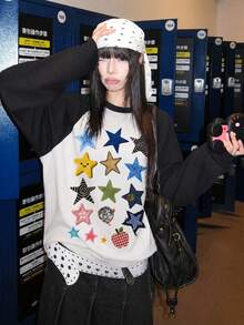 Y2K Sweet & Cool Style 1pc Women's Contrast Color Raglan Sleeve Colorful Cartoon Star Print Pattern Casual Versatile Loose Slimming Daily Street Date Long Sleeve T-Shirt Top - White - View 4