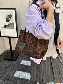 2 Pieces Women's Leopard Print Tote Bag Set, Large Capacity Casual Fashion Shoulder Bag, Street Style, Autumn/Winter, 2026 - Maroon - View 6