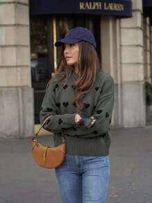 Valentine's Day Heart Pattern Loose Fit Versatile Casual Sweater - Grey - View 4