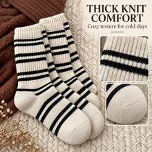 1 Pair Striped Winter Mid-Calf Socks, Thick & Comfortable Knitted Socks With Ribbed Cuff, Neutral Color, Suitable For Daily Wear - Multicolor - View 4